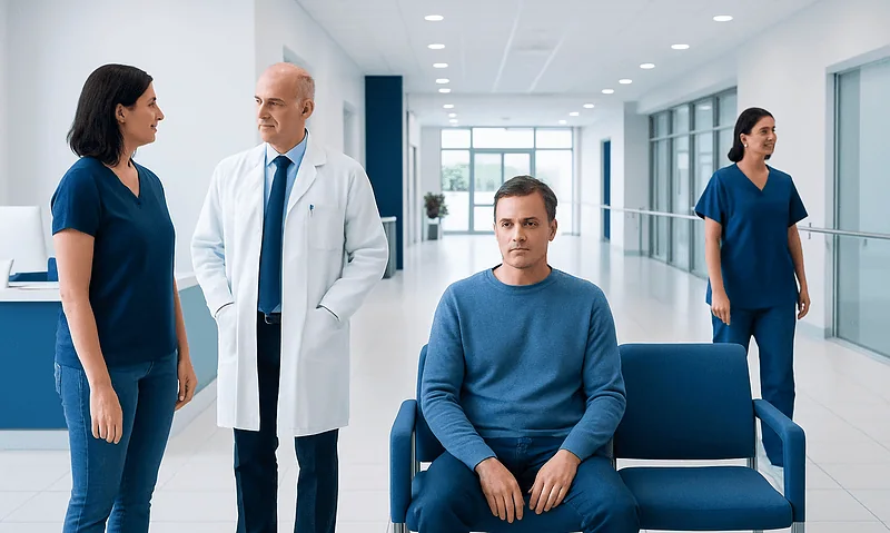 Hospital corridor with medical staff and patient in waiting area.