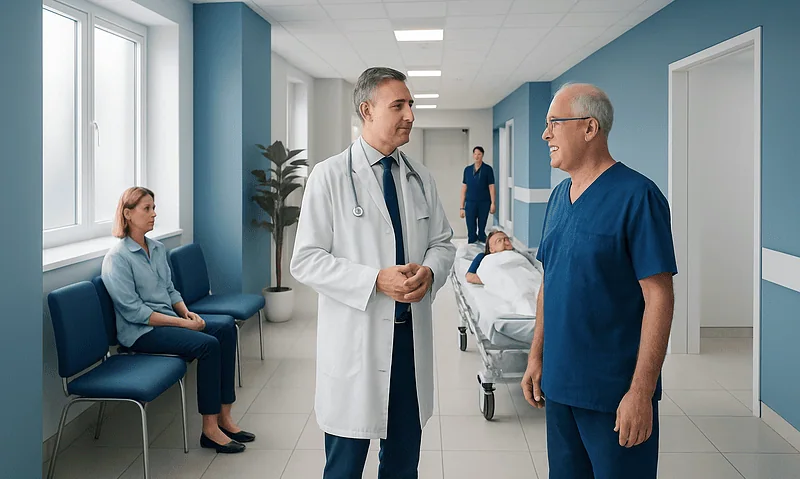 Doctors discussing patient care in a hospital corridor with patients nearby.