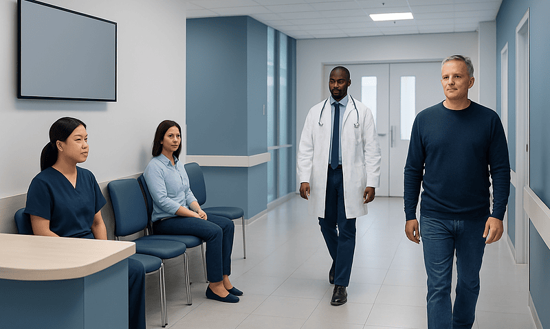 Medical consultation in hospital corridor with patients and doctor.