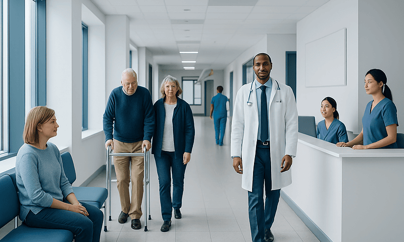 Medical staff and patients in a modern hospital corridor.