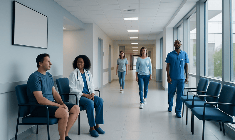 Healthcare professionals and patients in a hospital corridor.