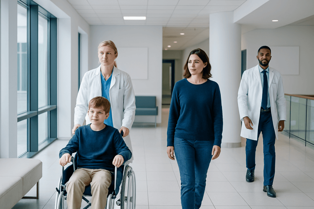 Is Cerebral Palsy a Neuromuscular Disease? What the Term Really Means 1 Medical team with a young patient in wheelchair in hospital corridor.