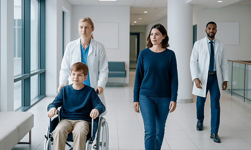 Medical team with a young patient in wheelchair in hospital corridor.