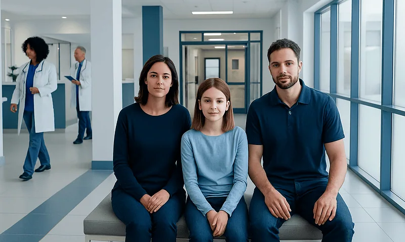 Family waiting in hospital corridor at Acibadem Hospitals Group.