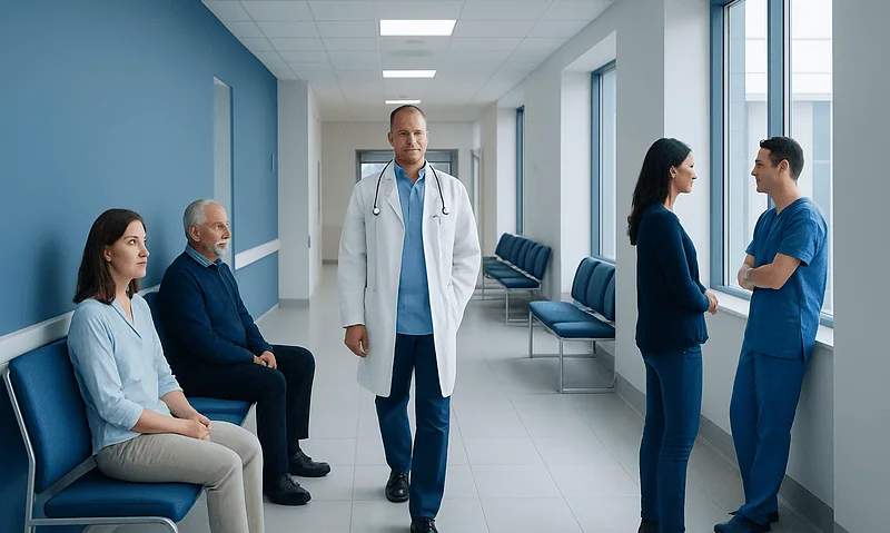 Medical professionals and patients in a hospital corridor at Acibadem Hospitals Group.