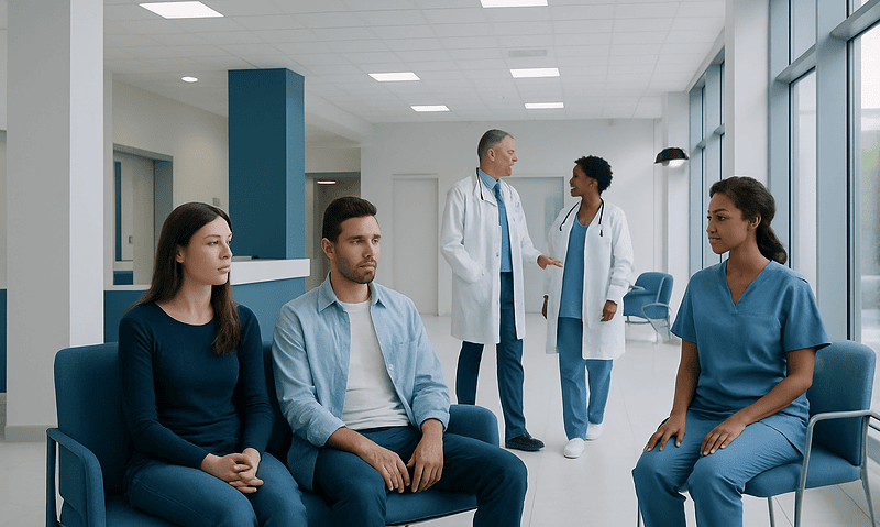 What Is the Split Personality Disorder? Here Is What the Evidence Says 7 Patients waiting in a hospital corridor with medical staff in the background.