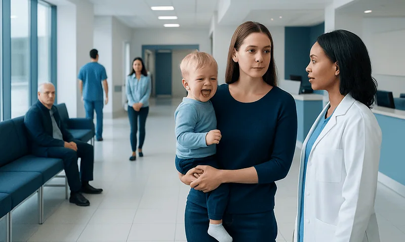 Child crying with mother and doctor in hospital waiting area.