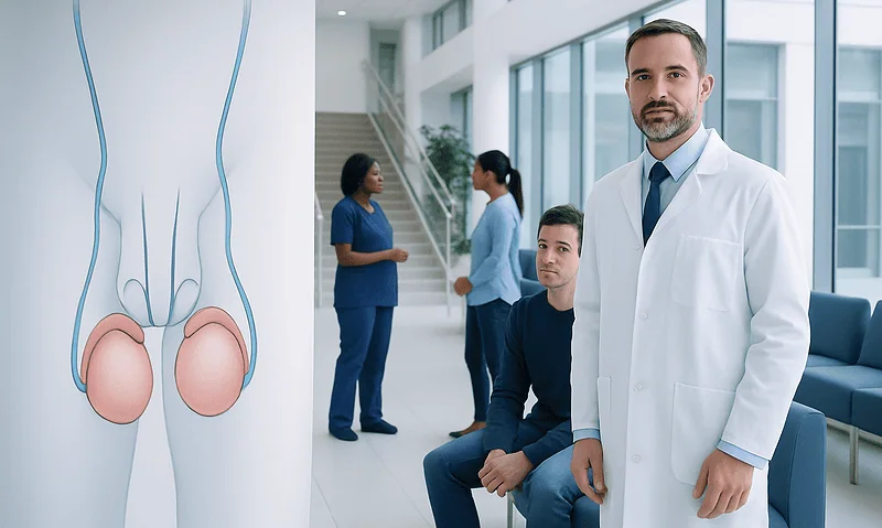 Urologist with patients in a modern hospital corridor near a testicular diagram.