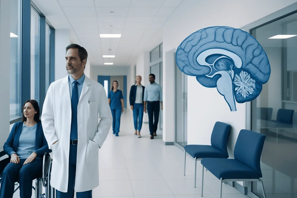 Thalamus: What Patients Need to Know 1 Medical team in hospital corridor with brain diagram for neurological care.