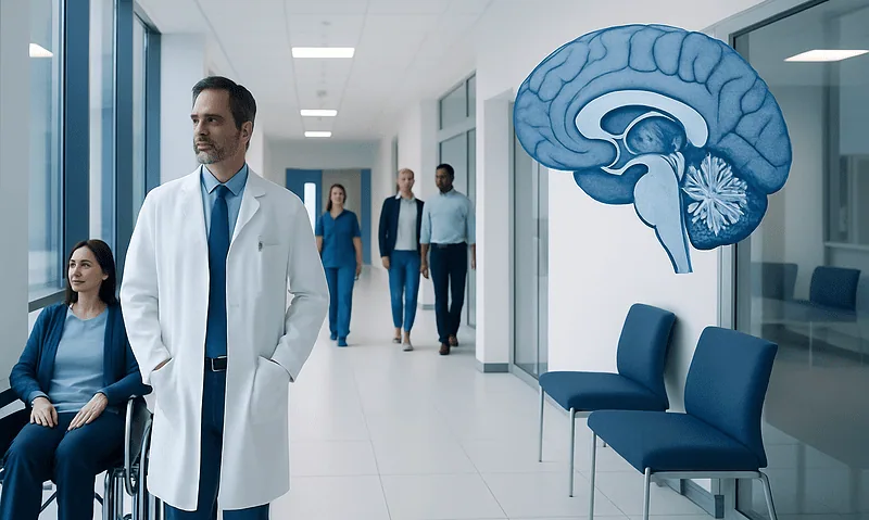 Medical team in hospital corridor with brain diagram for neurological care.