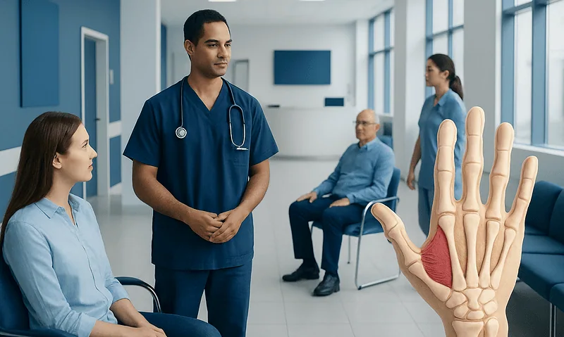 Medical consultation in a hospital with hand anatomy model.