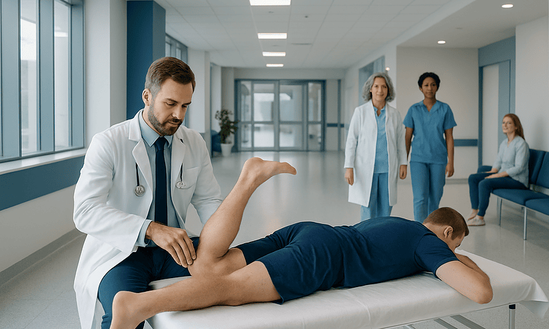 Doctor performing Thompson test on patient in hospital corridor.