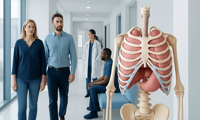 Thoracic Cavity — Explained by Medical Evidence, Not Myths 8 Medical professionals discussing thoracic cavity with anatomical model in hospital corridor.