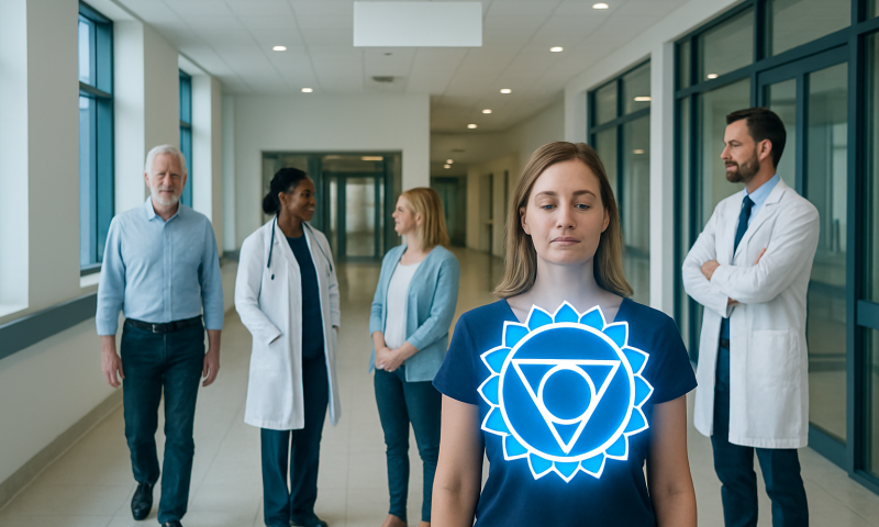 Woman with Throat Chakra symbol in hospital corridor with medical staff.
