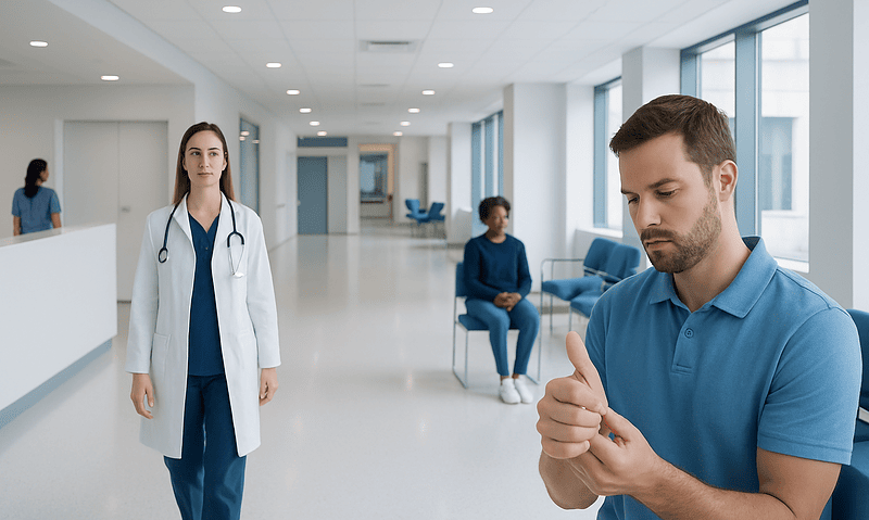 Medical staff and patient in a modern hospital corridor.