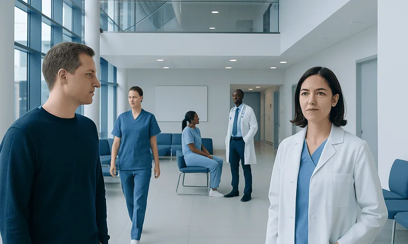 Hospital staff and patient in a modern medical facility.