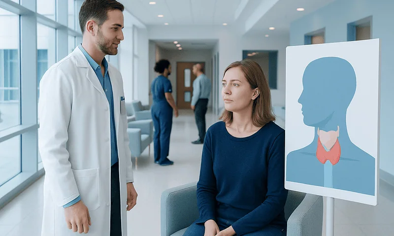 Doctor consulting a patient about thyroid health in a hospital corridor.