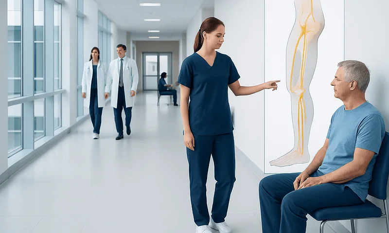 Medical professional explains tibial nerve anatomy to patient in hospital corridor.
