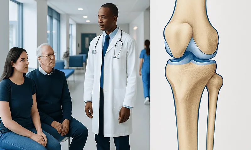 Doctor explaining knee anatomy to patients in a hospital setting.
