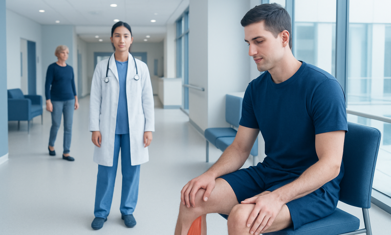 Patient experiencing knee pain during consultation at Acibadem Hospital.