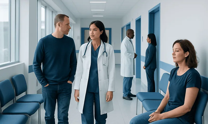 Healthcare professionals and patients in a hospital corridor at Acibadem Hospitals Group.