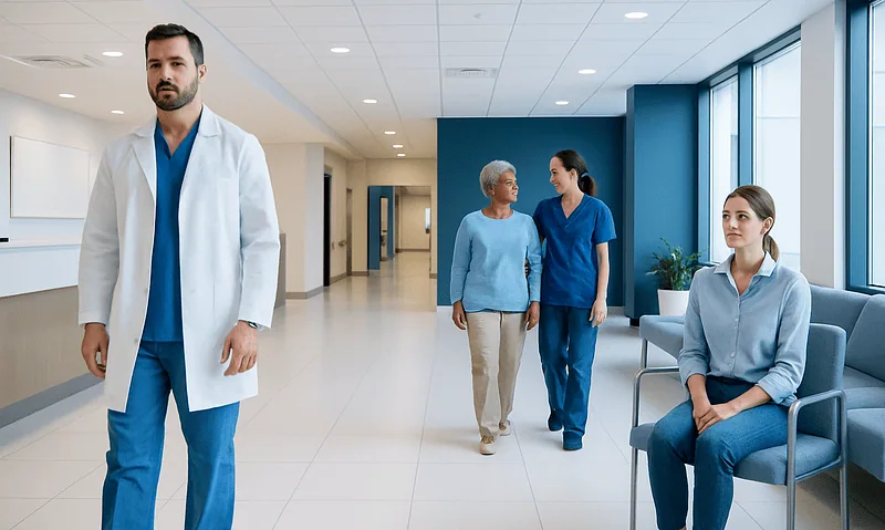 Healthcare professionals and patient in a modern hospital corridor.
