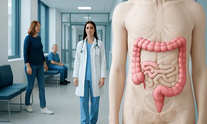 Medical consultation about transverse colon with doctor and patients in hospital corridor.