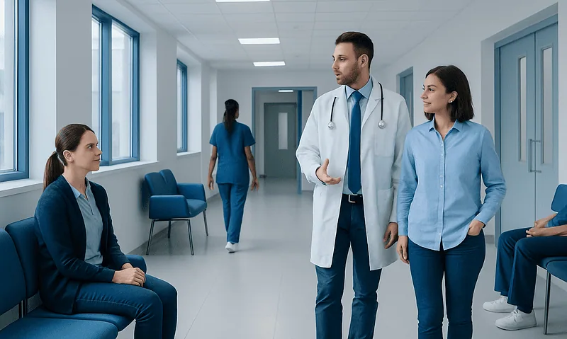 Medical consultation in a hospital corridor with doctors and patients.
