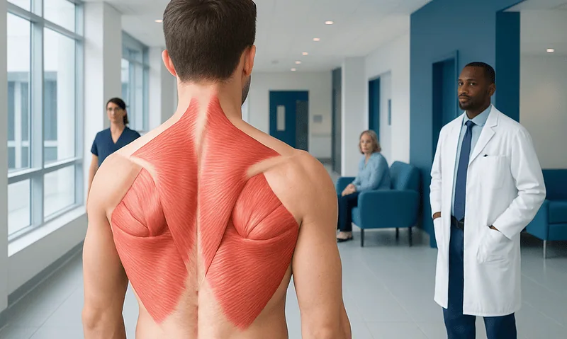 Medical professional examines back muscles in a hospital corridor.