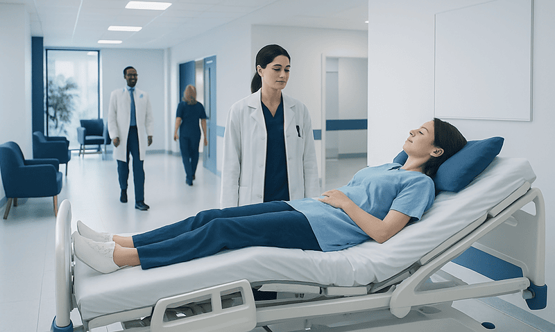 Hospital patient lying on bed with medical staff in a clinical setting.