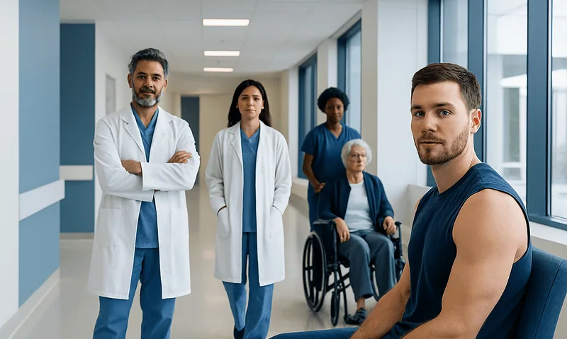 Medical team with patient in hospital corridor at Acibadem Hospitals Group.