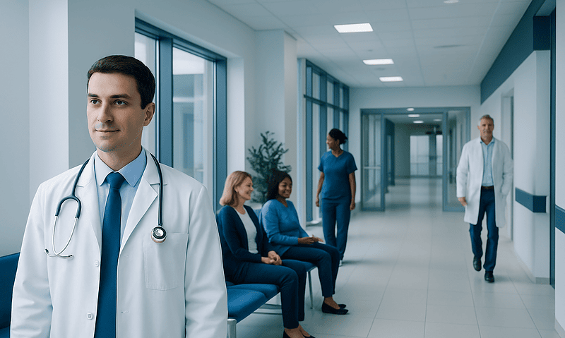 Medical team waiting in hospital corridor at Acibadem Hospitals Group.