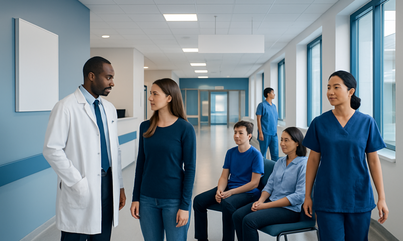 Medical team discussing patient care in hospital corridor.