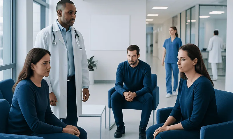 Medical team discussing mental health in a hospital setting.