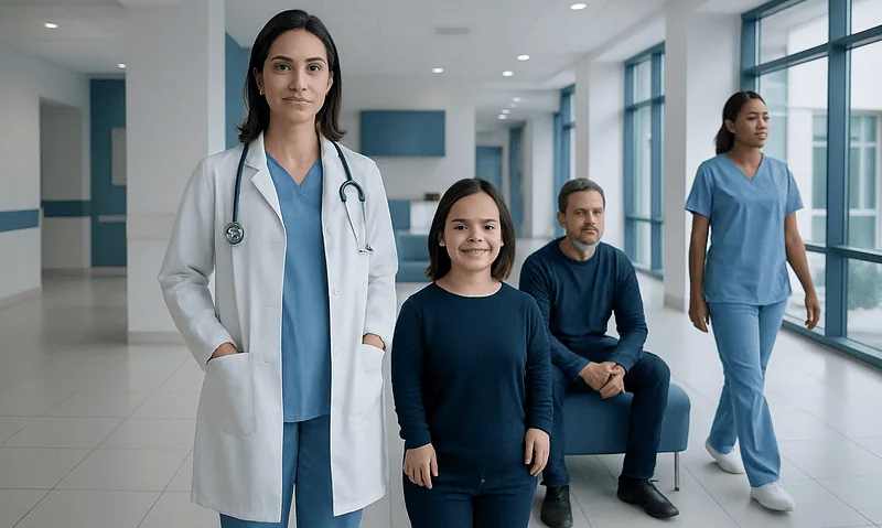 Medical team with a young patient in a hospital corridor.