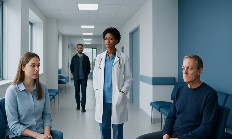 Medical team consulting with patients in a hospital corridor.
