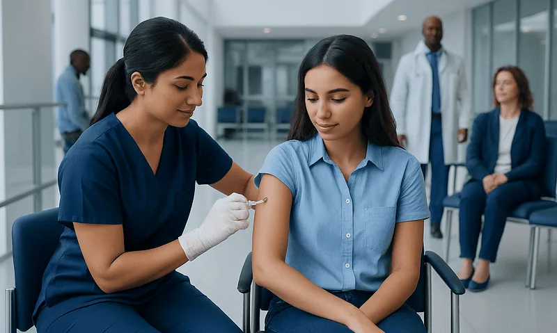 Nurse administering vaccine to young woman in hospital setting.