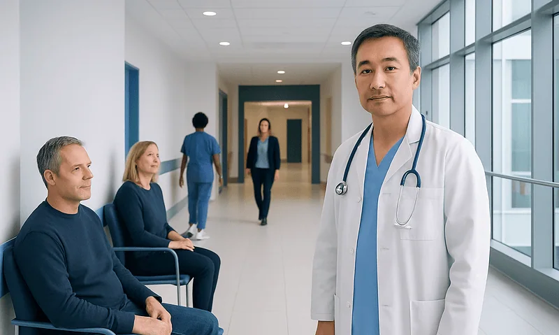 Doctor with patients in a hospital corridor at Acibadem Hospitals Group.