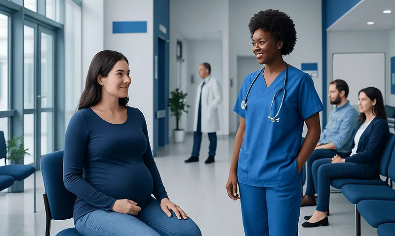 Pregnant woman consulting with healthcare professional in hospital setting.