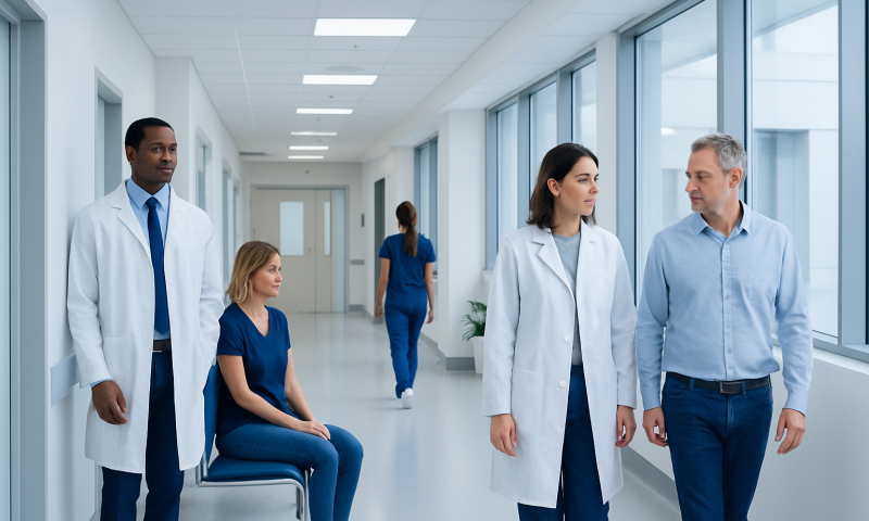 Medical professionals and patient in hospital corridor at Acibadem Hospitals Group.