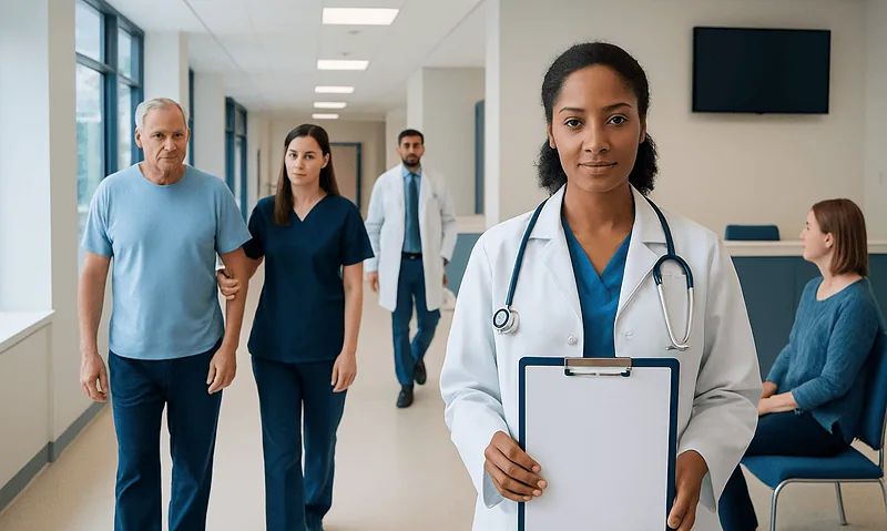 Diverse medical team in hospital corridor with doctor holding clipboard.