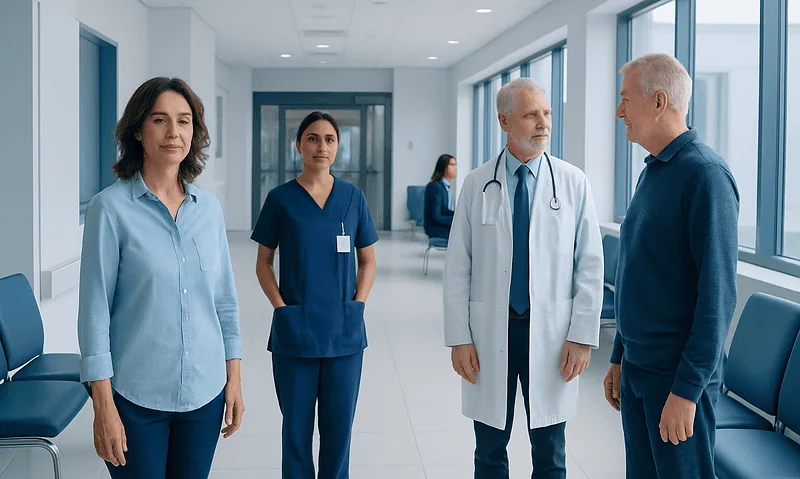 Medical team discussing patient care in hospital corridor.