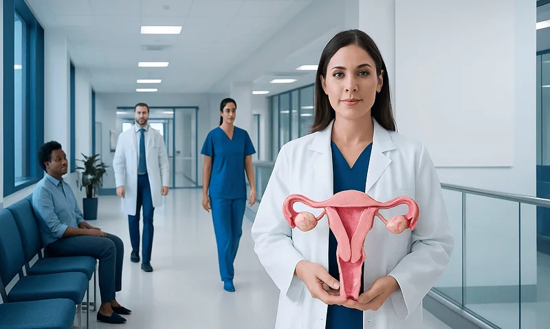 Doctor holding a model of the female reproductive system in a hospital corridor.