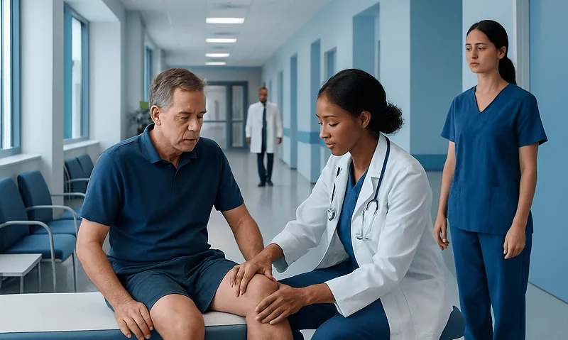 Doctor examining patient's knee in hospital corridor for valgus stress test.