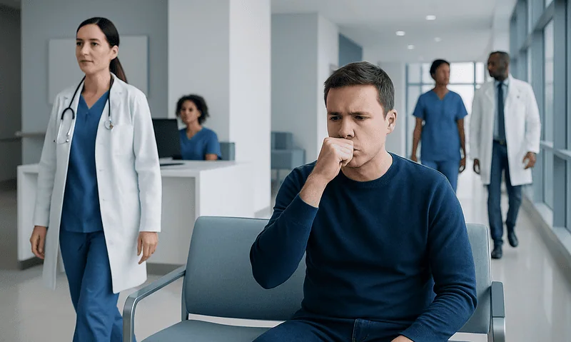 Young man experiencing discomfort in a hospital waiting area with medical staff nearby.