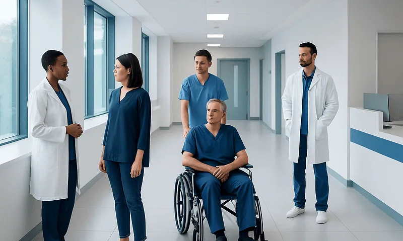 Medical team discussing patient care in hospital corridor.