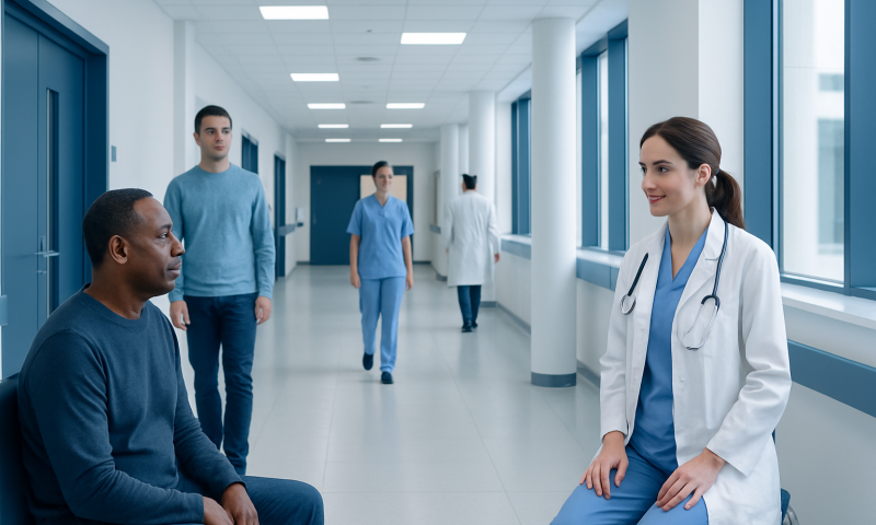 Medical consultation in hospital corridor with doctor and patient.