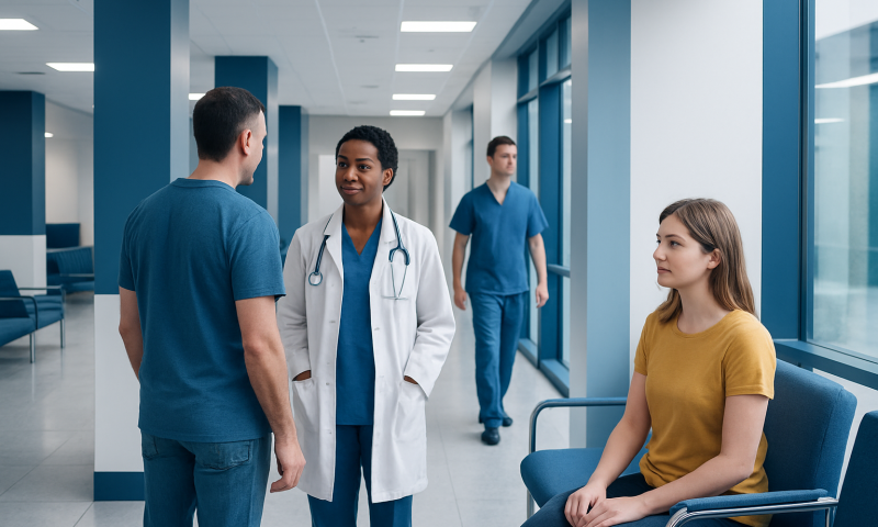 Medical staff and patient in hospital corridor at Acibadem Hospitals Group.