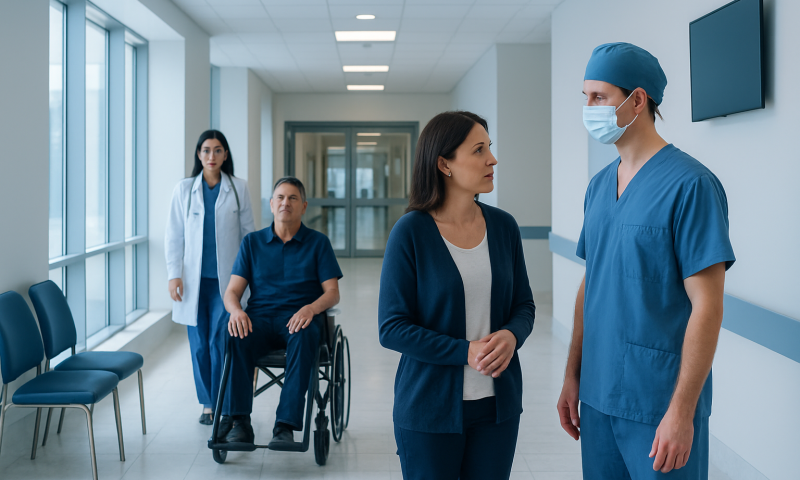 Hospital staff discussing patient care in a modern medical facility.