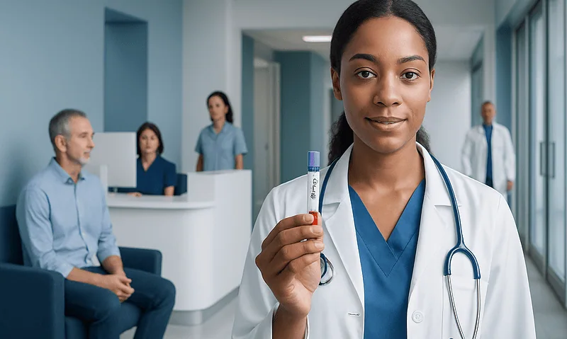 Female doctor holding a test tube in a hospital corridor.